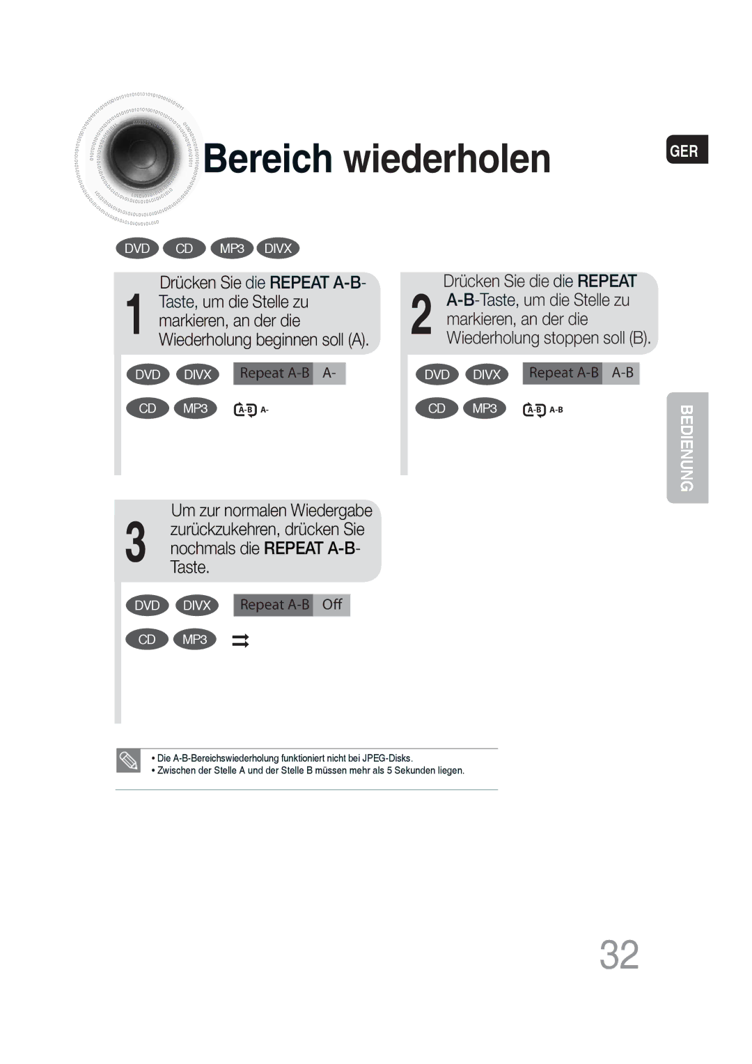 Samsung MM-DG35R/EDC manual Bereich wiederholen, Drücken Sie die Repeat A-B 