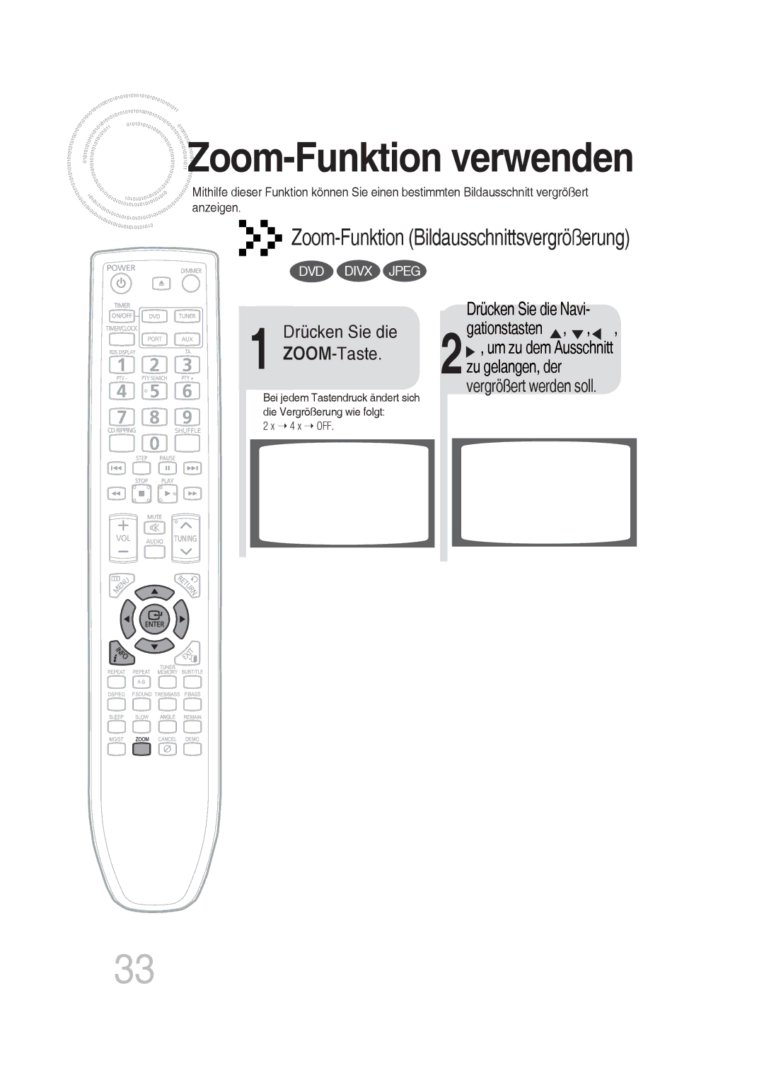 Samsung MM-DG35R/EDC manual Zoom -Funktion verwenden, Gationstasten, 2zu gelangen, der 