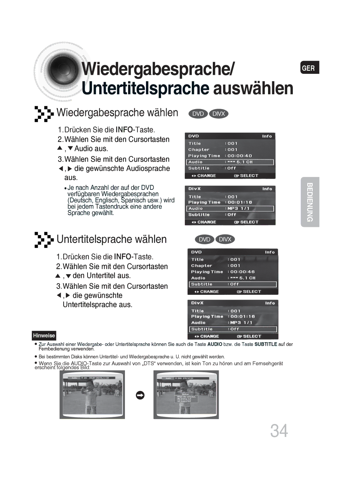 Samsung MM-DG35R/EDC manual Wiedergabesprache/ GER, Drücken Sie die INFO-Taste 