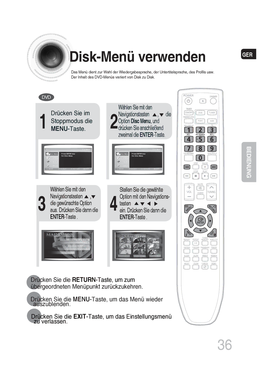 Samsung MM-DG35R/EDC manual Disk -Menü verwenden, Wählen Sie mit den, Stellen Sie die gewählte 