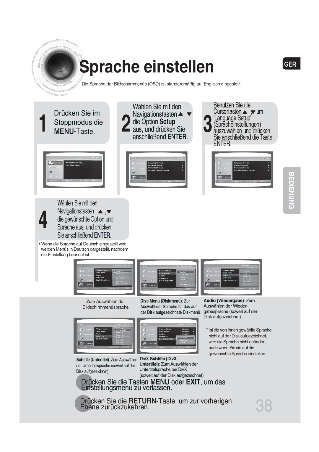 Samsung MM-DG35R/EDC manual Sprache einstellen, Benutzen Sie die Cursortasten , um, Ebene zurückzukehren 