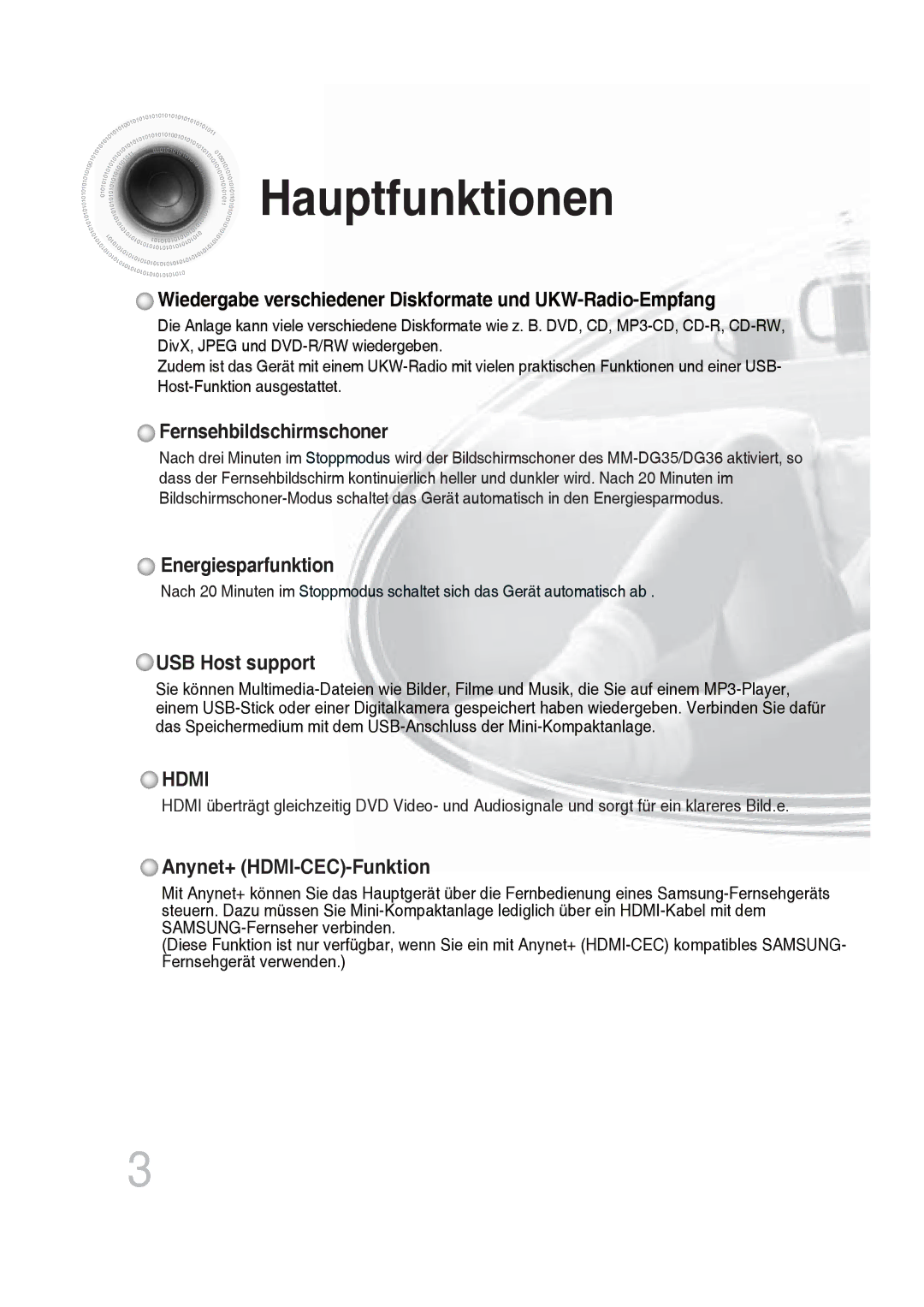 Samsung MM-DG35R/EDC manual Hauptfunktionen, Wiedergabe verschiedener Diskformate und UKW-Radio-Empfang 