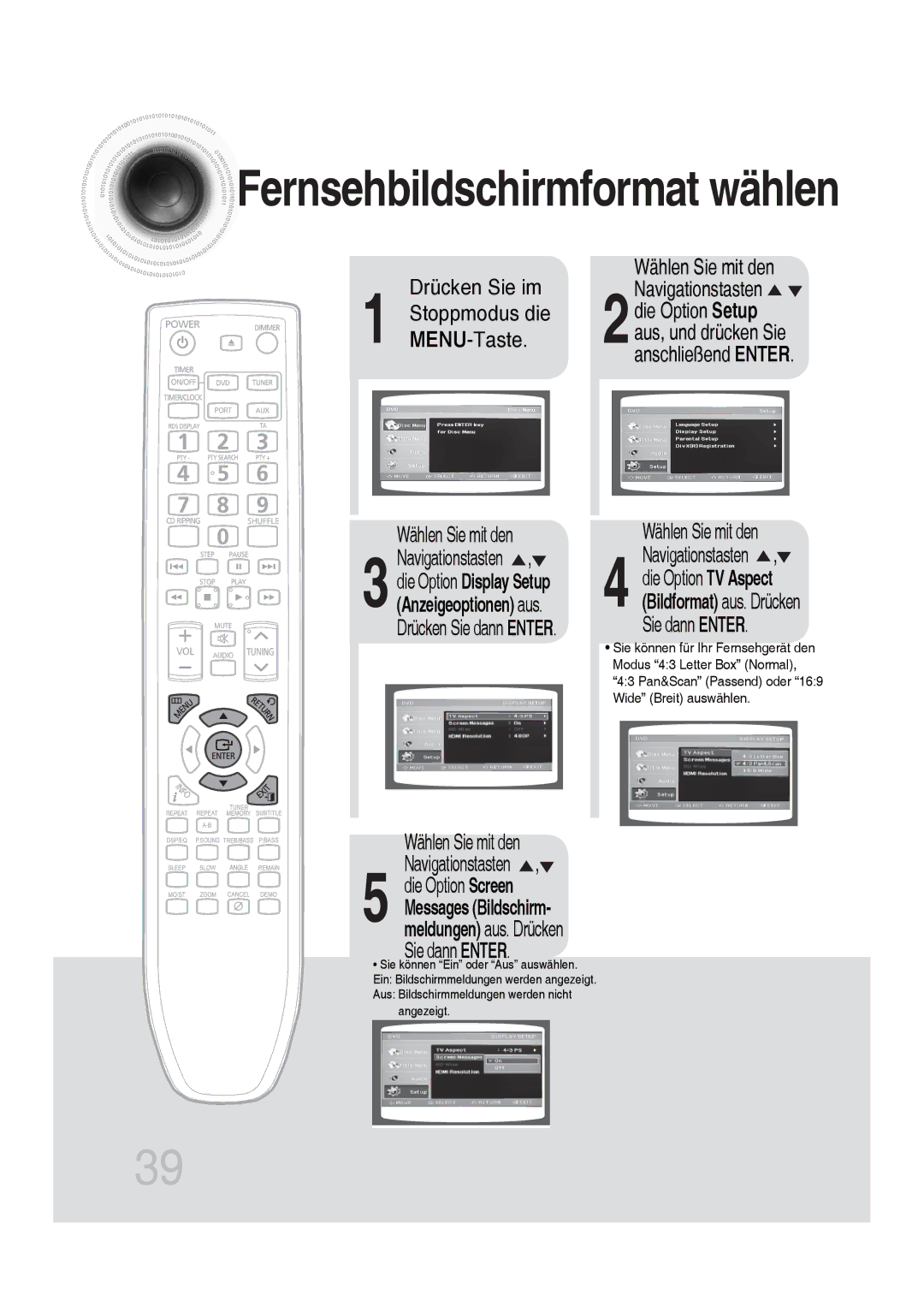 Samsung MM-DG35R/EDC manual Drücken Sie dann Enter Wählen Sie mit den, Die Option Screen 