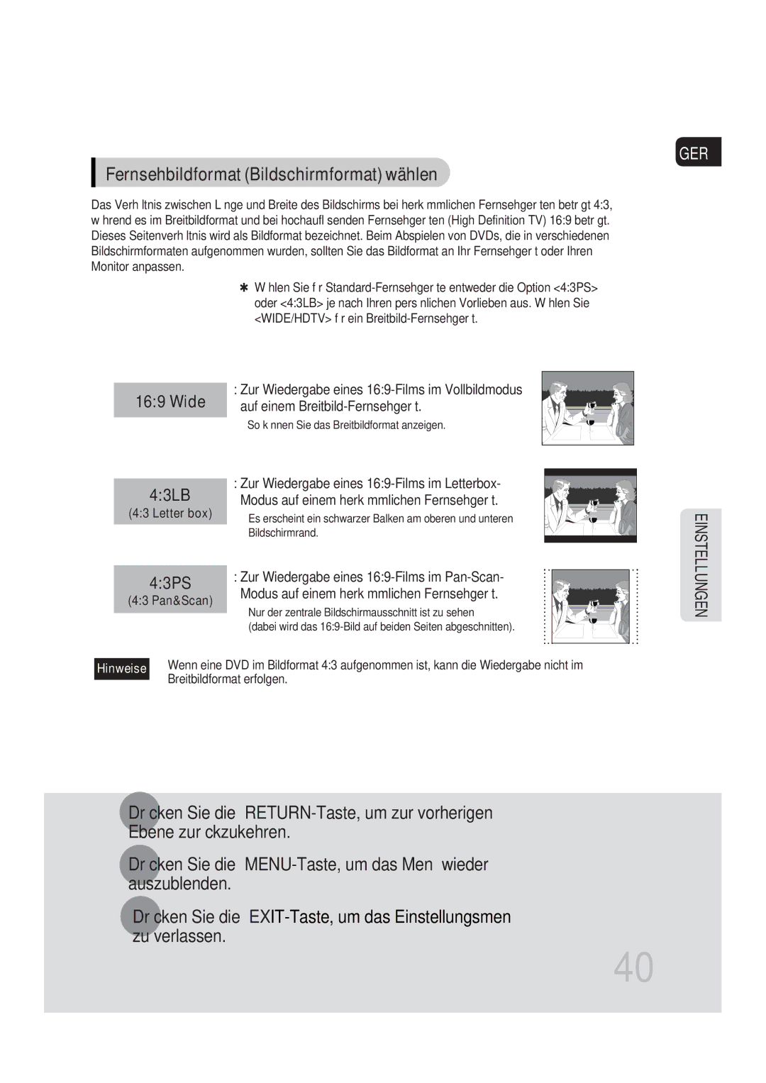 Samsung MM-DG35R/EDC manual Fernsehbildformat Bildschirmformat wählen, Wide 43LB 