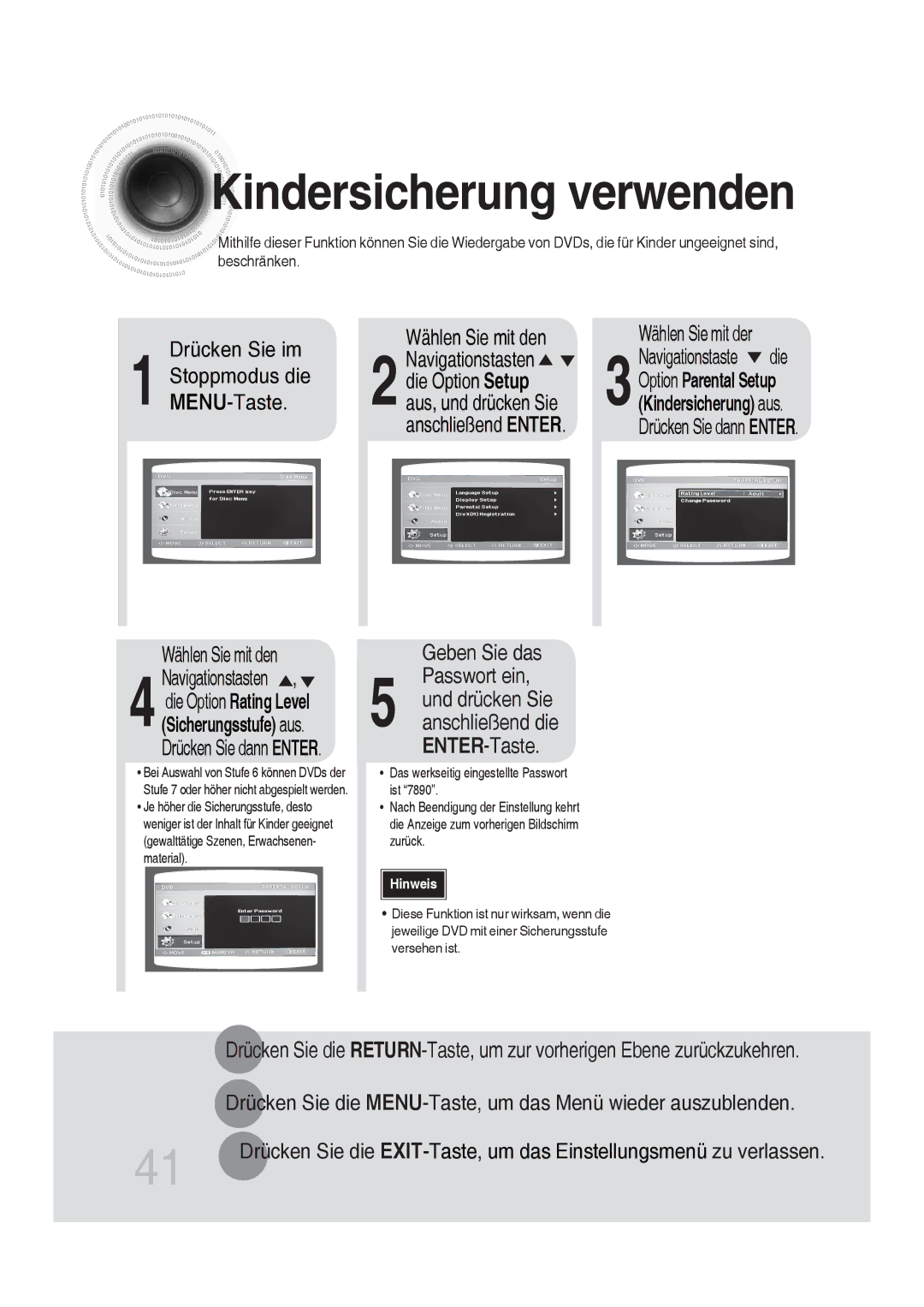 Samsung MM-DG35R/EDC manual Kindersicherung verwenden, Drücken Sie im, Passwort ein, ENTER-Taste 