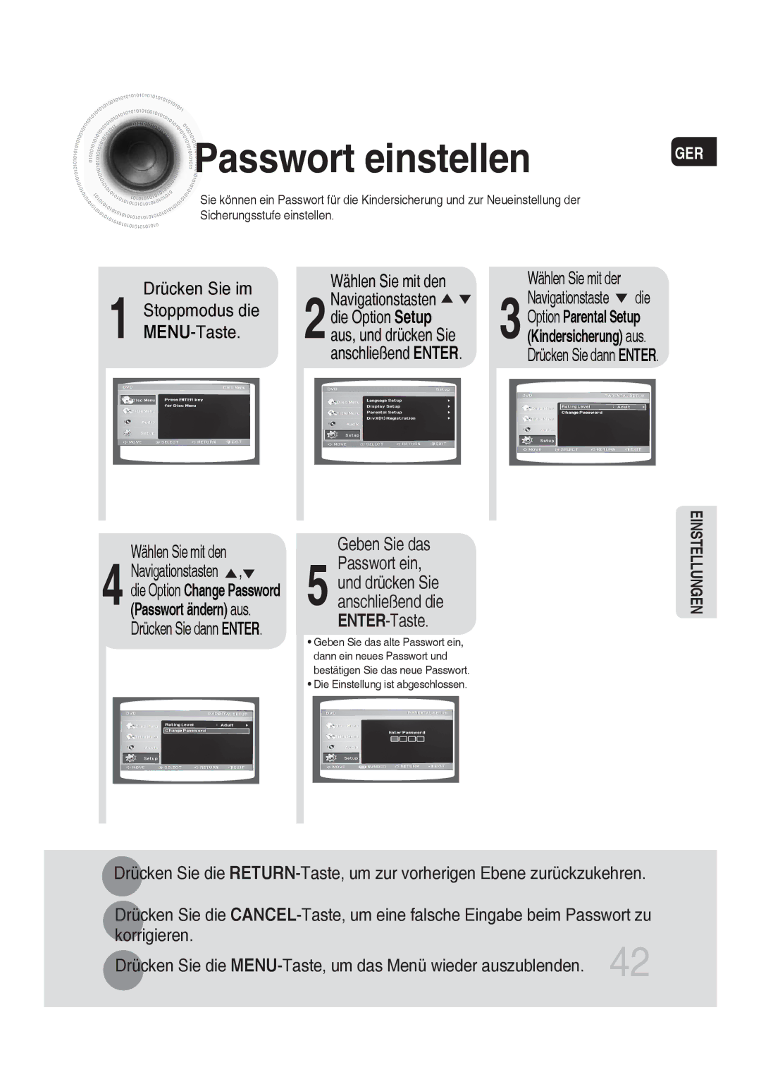 Samsung MM-DG35R/EDC manual Passwort einstellen, Wählen Sie mit der, Geben Sie das 