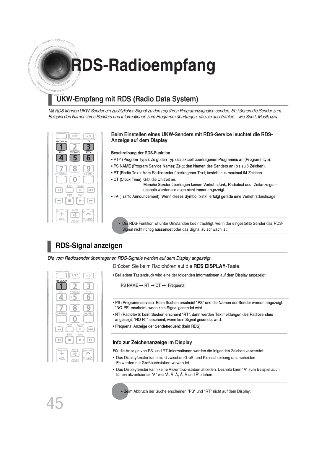 Samsung MM-DG35R/EDC manual RDS -Radioempfang, UKW-Empfang mit RDS Radio Data System 