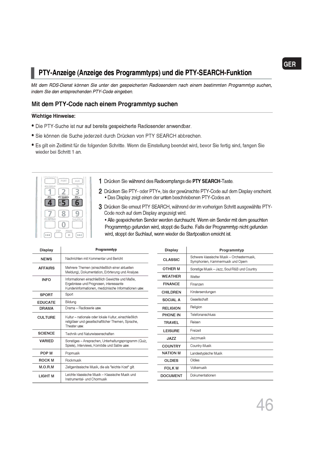 Samsung MM-DG35R/EDC manual Mit dem PTY-Code nach einem Programmtyp suchen 