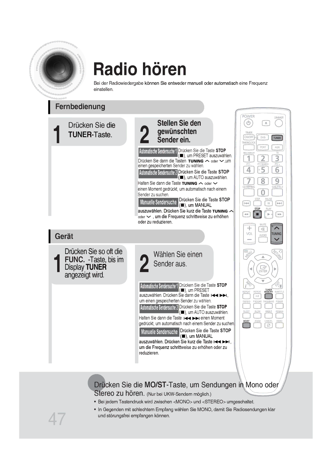 Samsung MM-DG35R/EDC manual Radio hören, Fernbedienung, Gerät, Stellen Sie den 