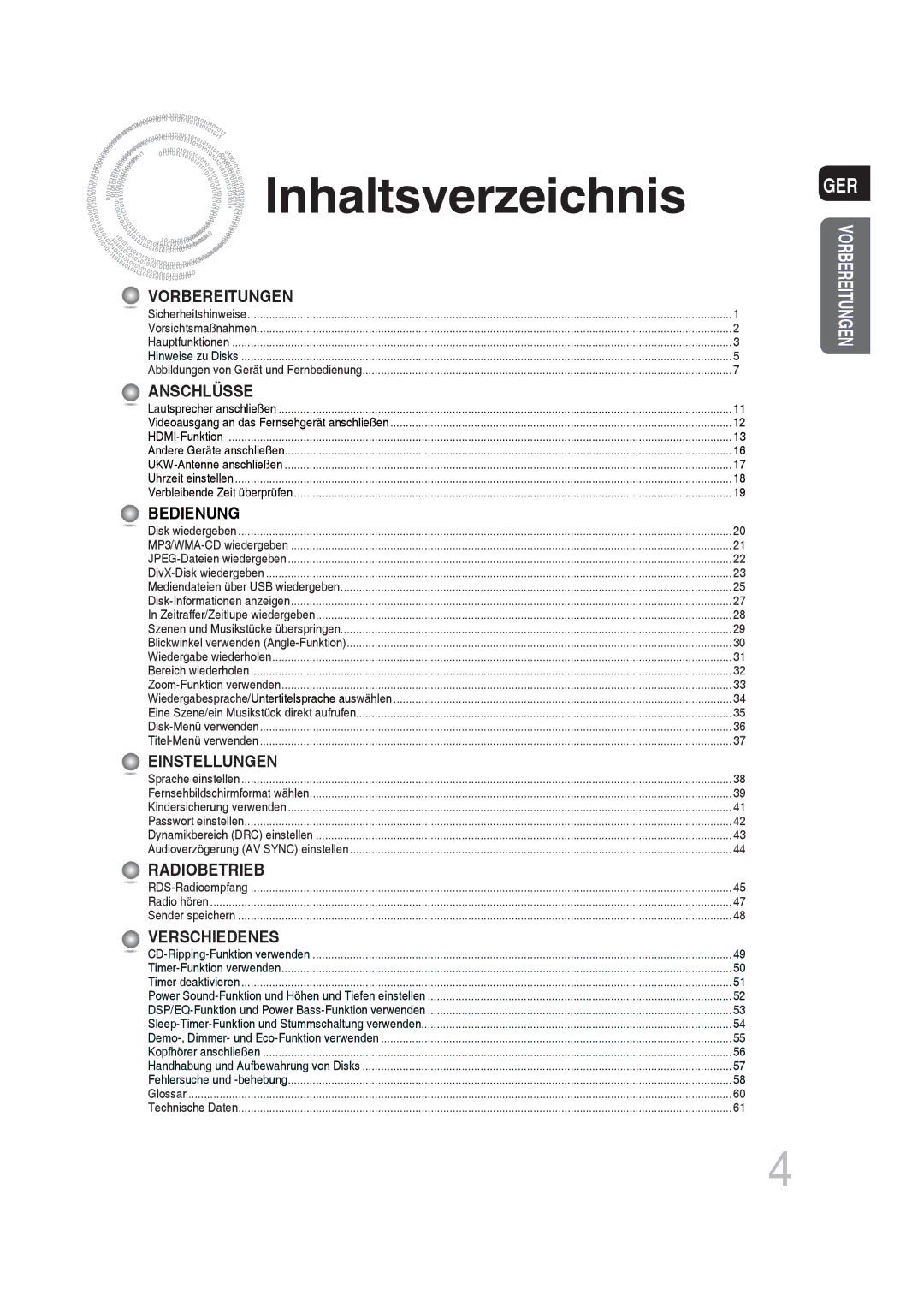 Samsung MM-DG35R/EDC manual Inhaltsverzeichnis, Vorbereitungen 