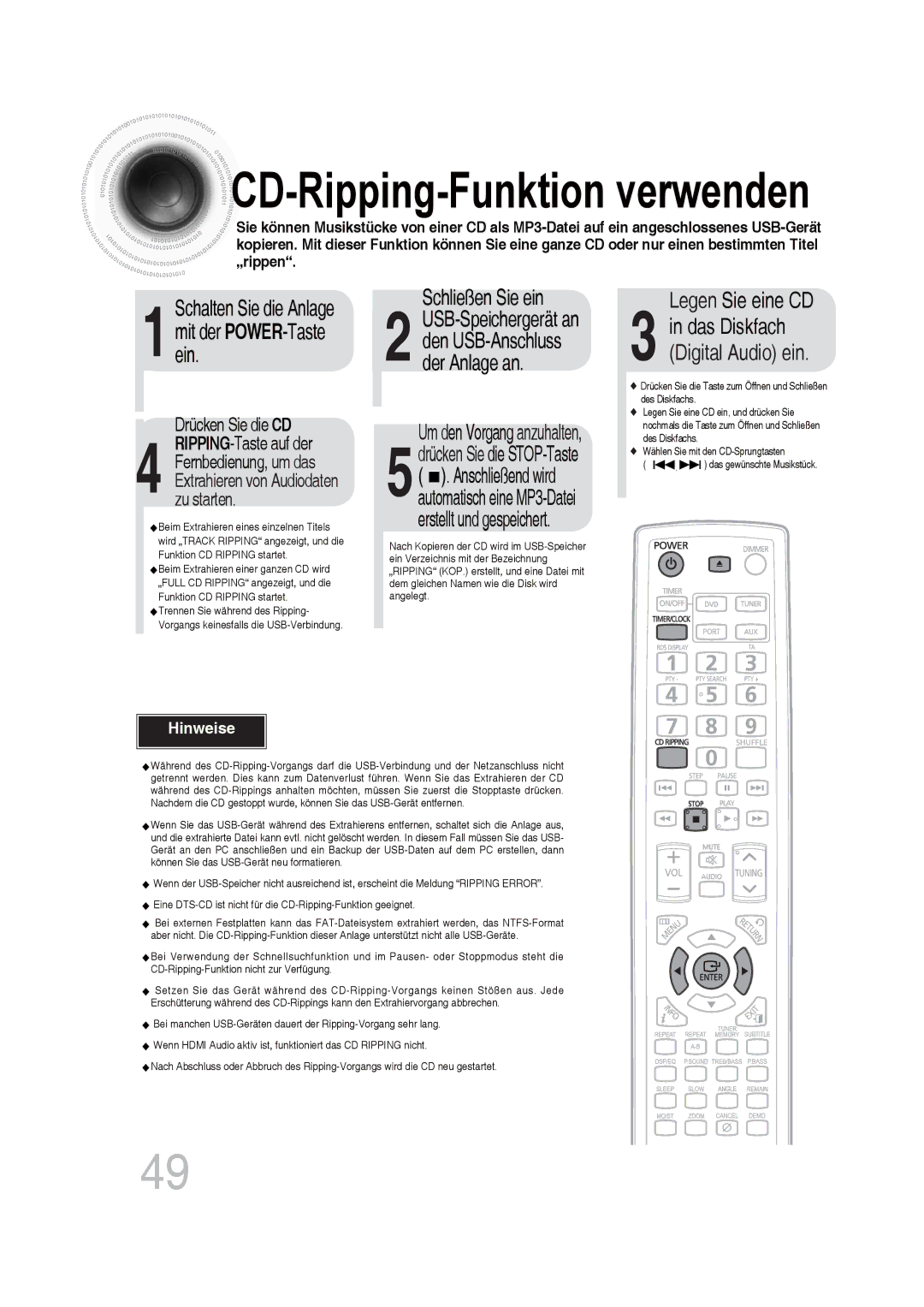 Samsung MM-DG35R/EDC manual Schließen Sie ein, Legen Sie eine CD 