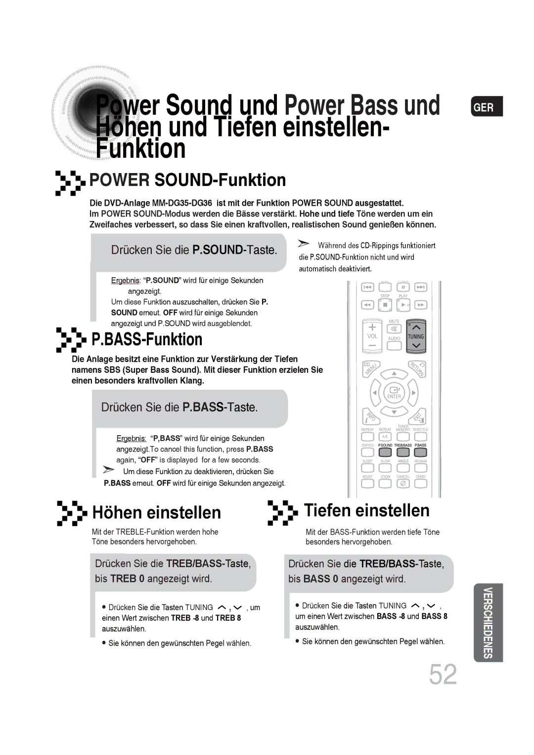 Samsung MM-DG35R/EDC manual Drücken Sie die P.SOUND-Taste, Drücken Sie die P.BASS-Taste 