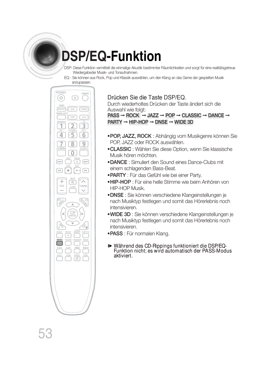 Samsung MM-DG35R/EDC manual DSP/EQ -Funktion, Drücken Sie die Taste DSP/EQ 