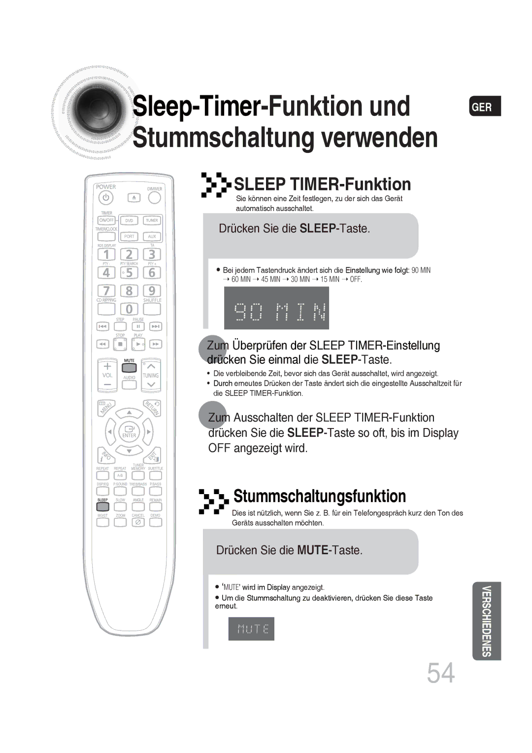 Samsung MM-DG35R/EDC manual Drücken Sie die SLEEP-Taste, Drücken Sie die MUTE-Taste 