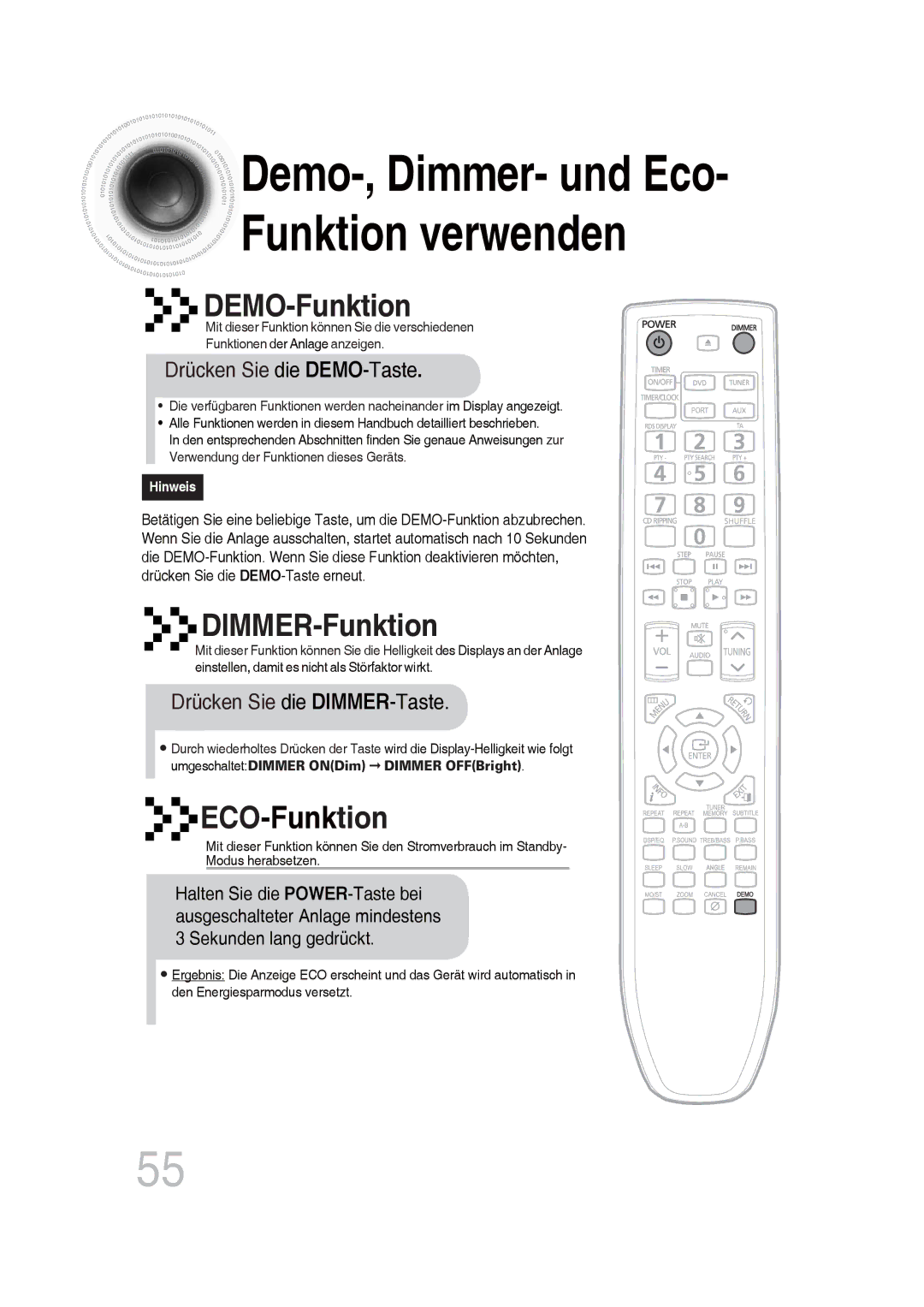 Samsung MM-DG35R/EDC manual Drücken Sie die DEMO-Taste, Drücken Sie die DIMMER-Taste 