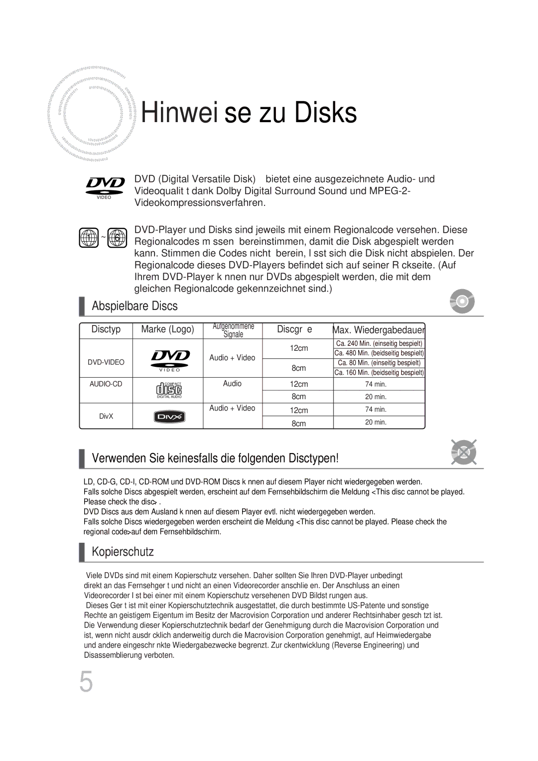 Samsung MM-DG35R/EDC manual Abspielbare Discs, Kopierschutz 