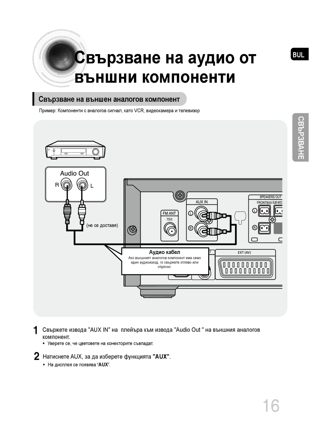 Samsung MM-DG35R/EDC manual Уверете се, че цветовете на конекторите съвпадат, На дисплея се появява ‘AUX’ 