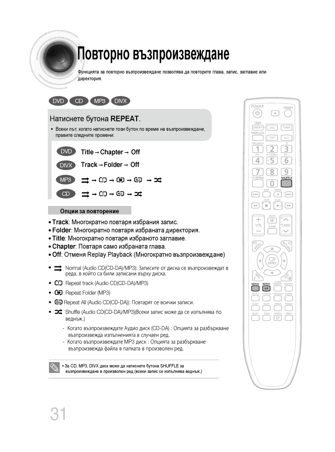 Samsung MM-DG35R/EDC manual Повторно възпроизвеждане, Натиснете бутона Repeat 