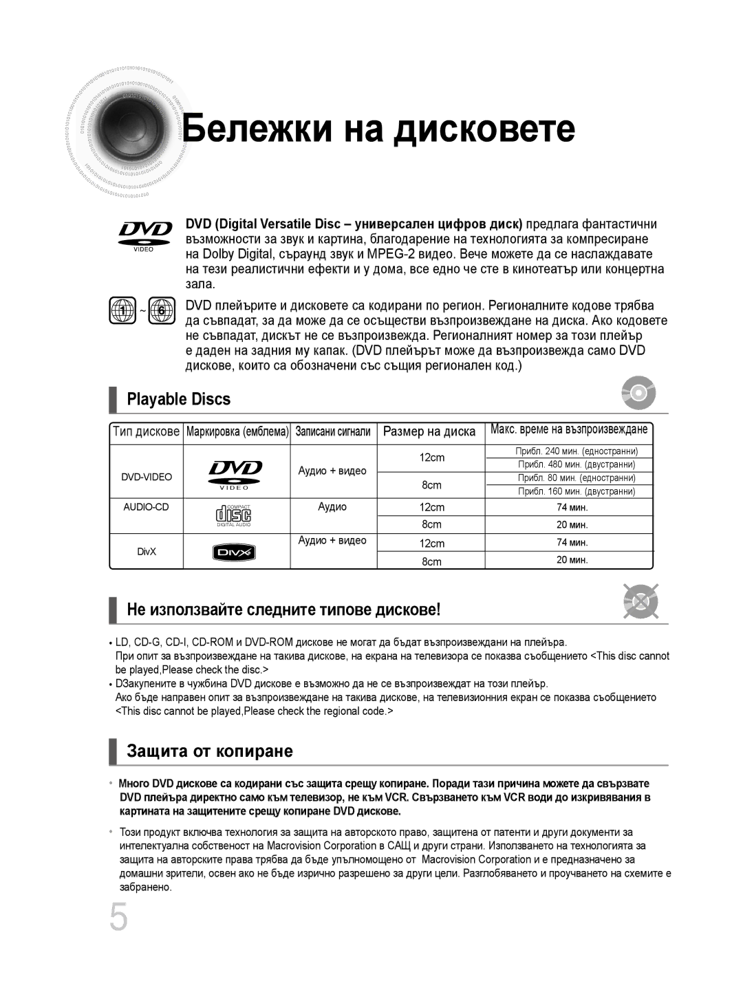 Samsung MM-DG35R/EDC manual Бележки на дисковете, Тип дискове, This disc cannot be played,Please check the regional code 