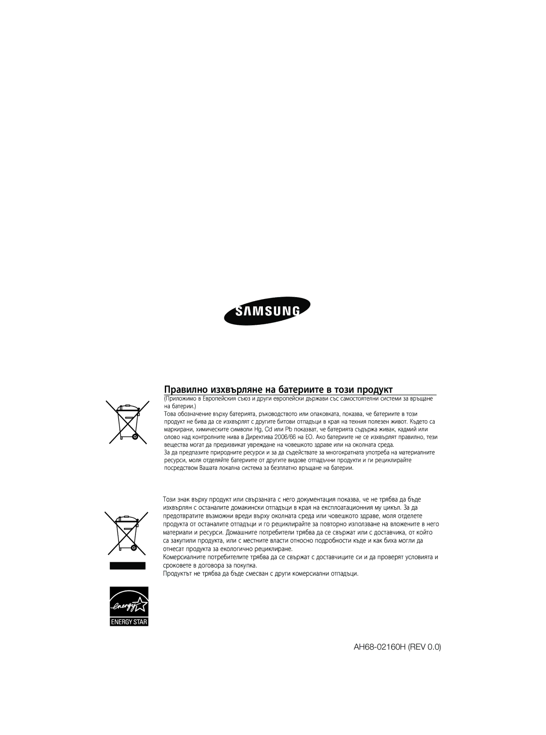 Samsung MM-DG35R/EDC manual Правилно изхвърляне на батериите в този продукт, AH68-02160H REV 