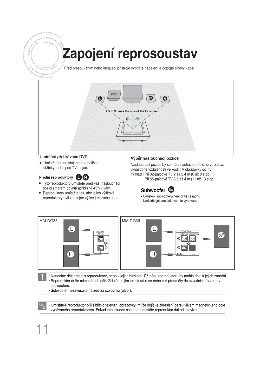 Samsung MM-DG35R/EDC manual Zapojení reprosoustav, Umístění přehrávače DVD 