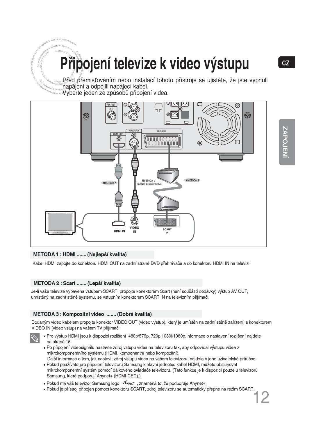 Samsung MM-DG35R/EDC manual Připojení televize k video výstupu 