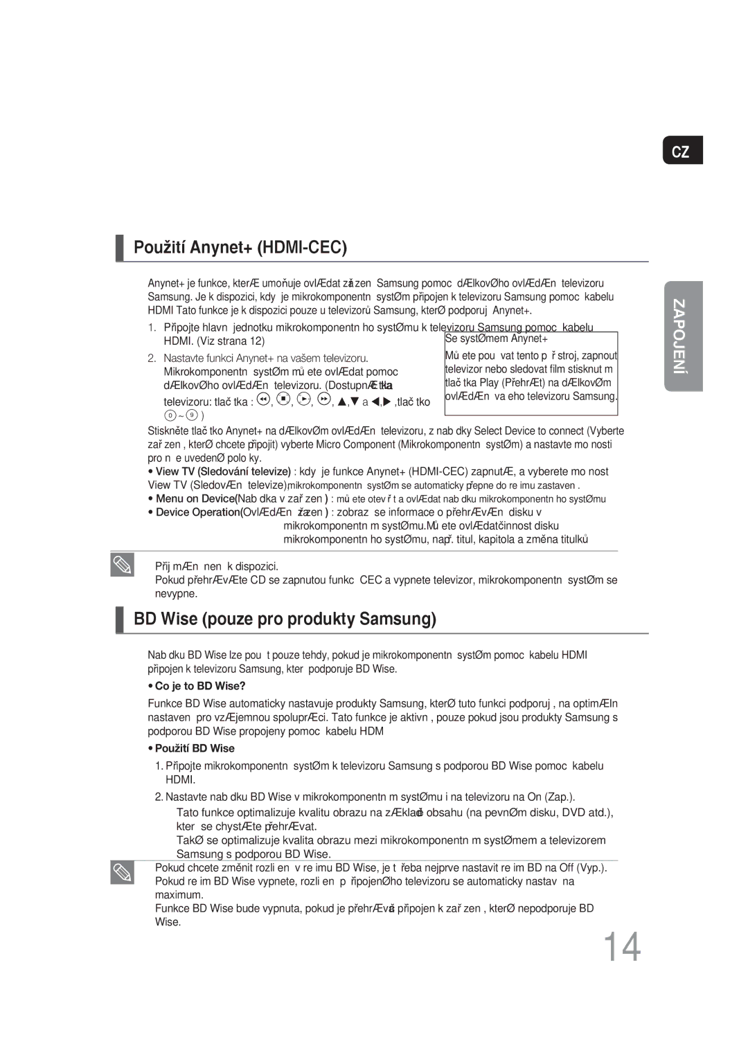 Samsung MM-DG35R/EDC manual Použití Anynet+ HDMI-CEC, BD Wise pouze pro produkty Samsung 