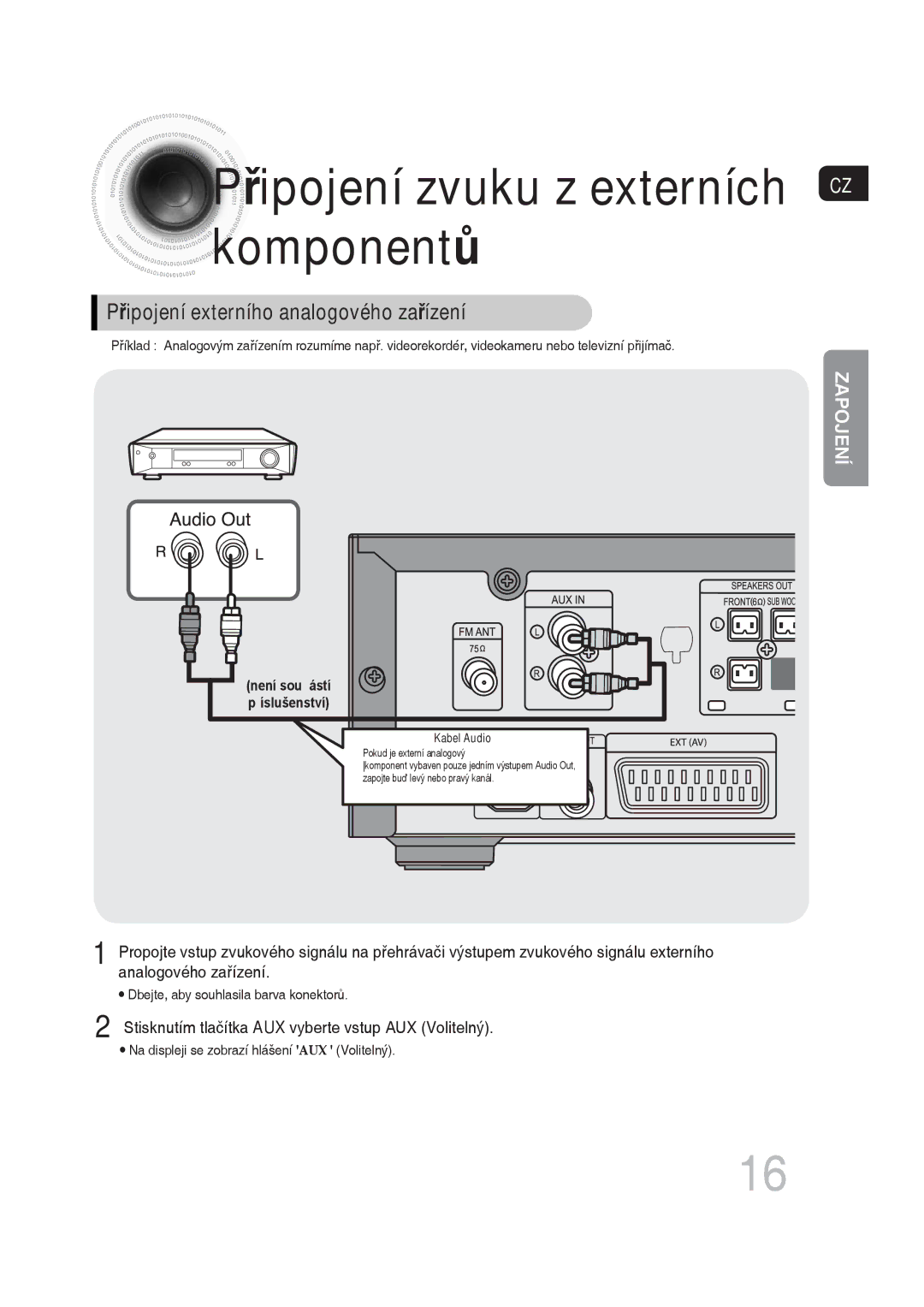 Samsung MM-DG35R/EDC manual Řipojení zvuku z externích komponentů, Připojení externího analogového zařízení 