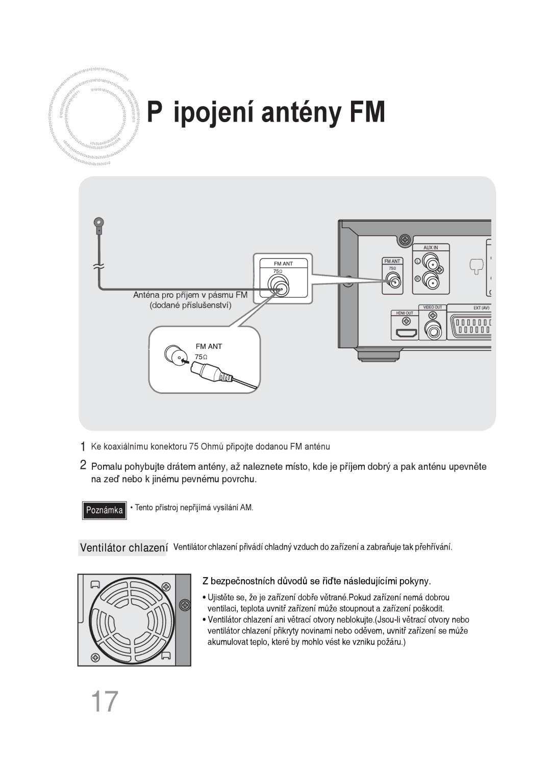 Samsung MM-DG35R/EDC manual Připojení antény FM, Bezpečnostních důvodů se řiďte následujícími pokyny 