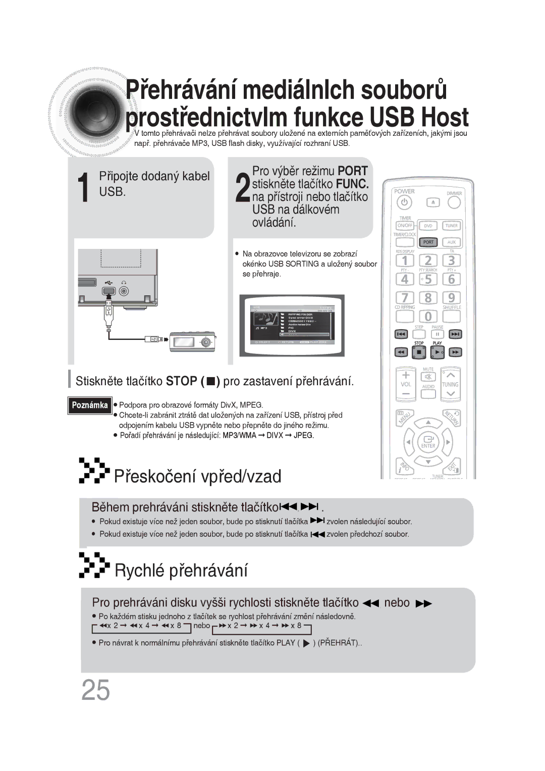 Samsung MM-DG35R/EDC Připojte dodaný kabel USB Pro výběr režimu Port, Stiskněte tlačítko Stop pro zastavení přehrávání 