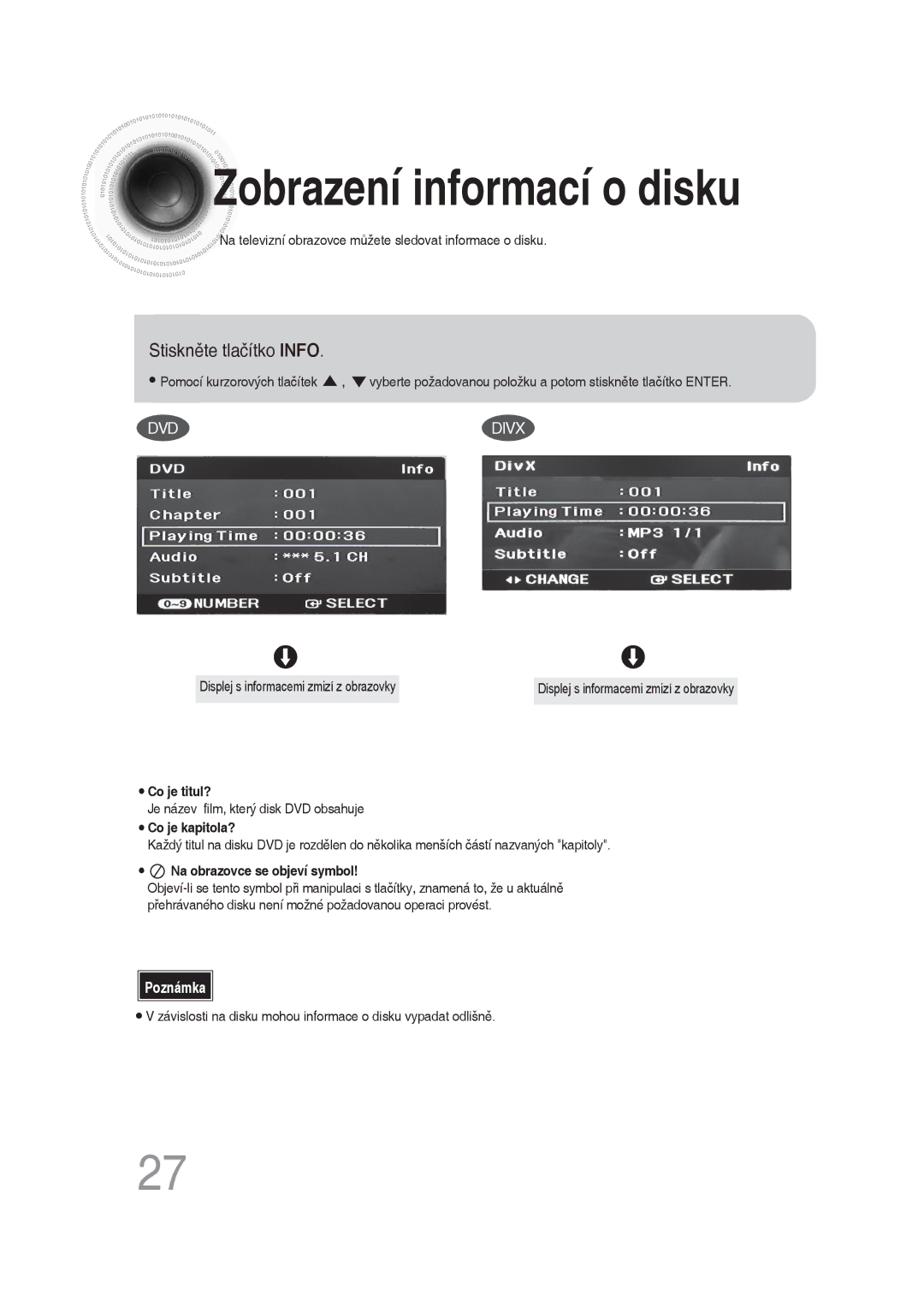 Samsung MM-DG35R/EDC manual Zobrazení informací o disku 