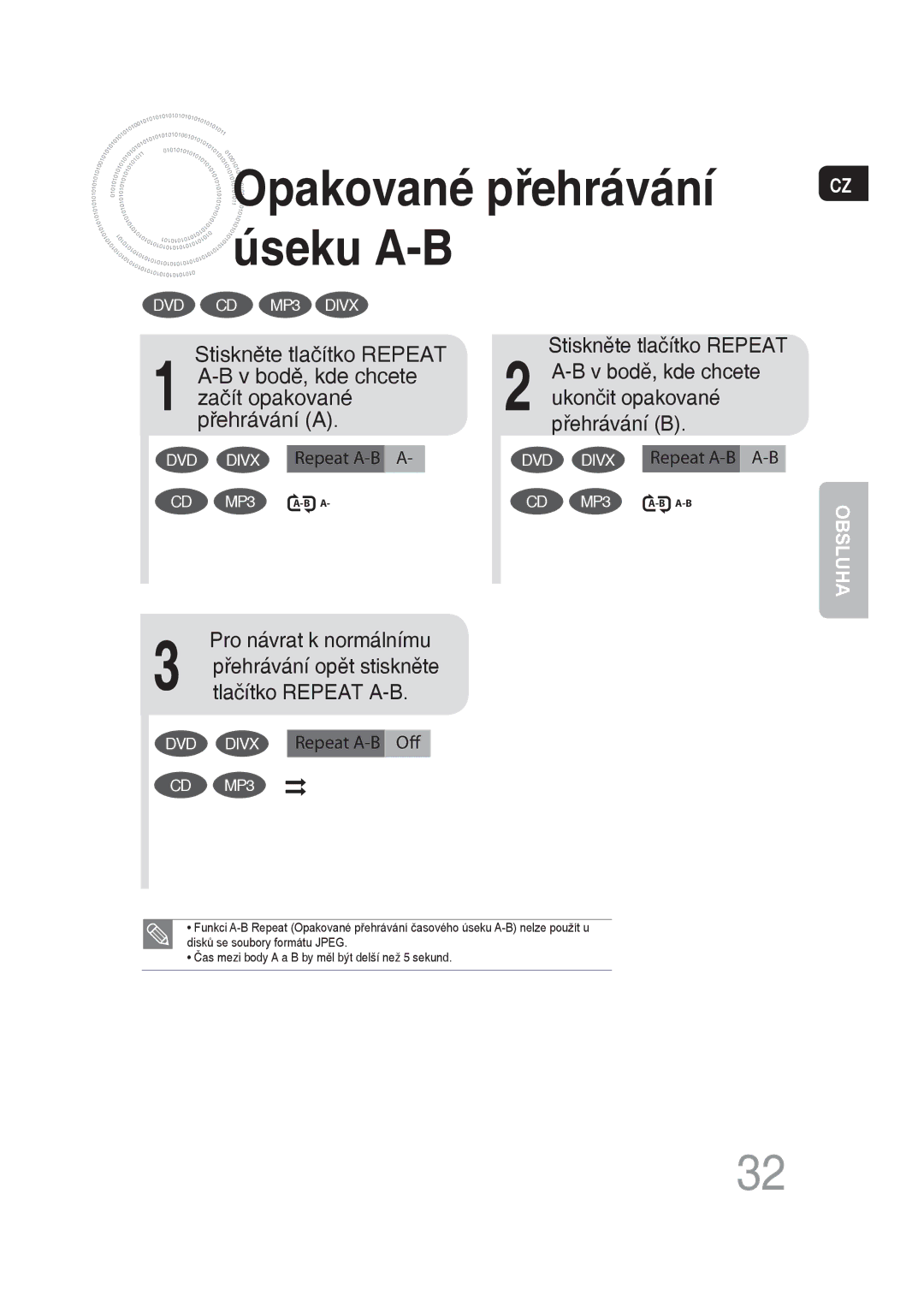 Samsung MM-DG35R/EDC manual Stiskněte tlačítko Repeat, Tlačítko Repeat A-B 