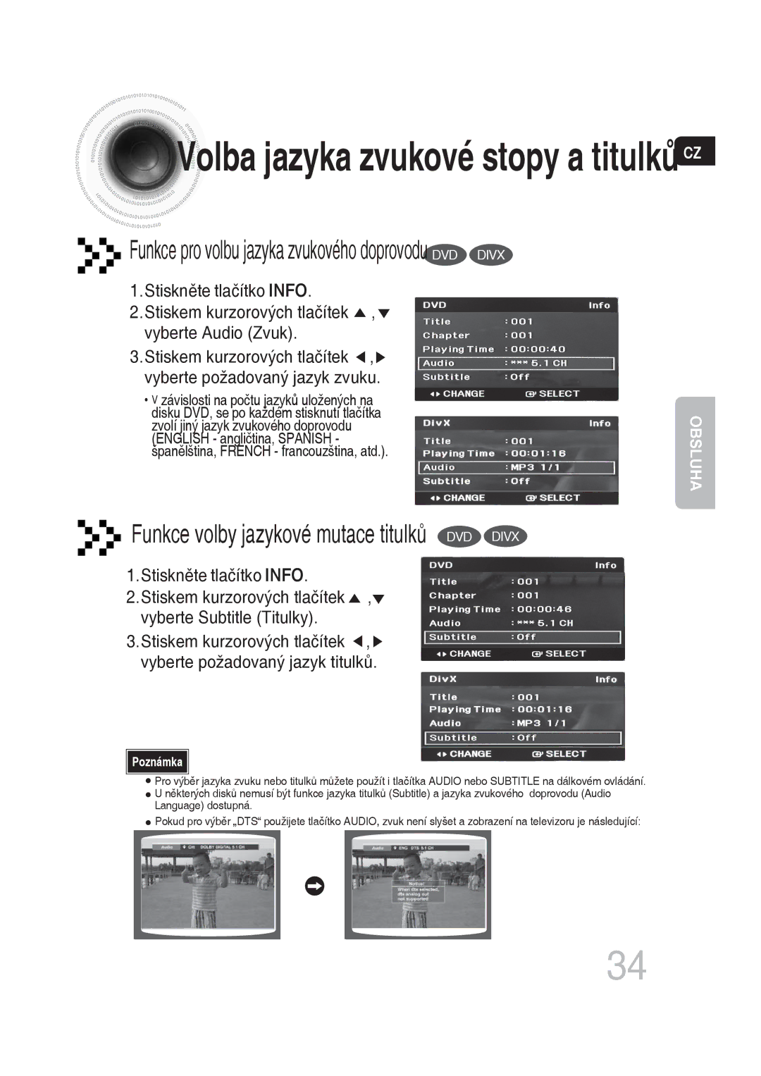 Samsung MM-DG35R/EDC manual Volba jazyka zvukové stopy a titulkůCZ 