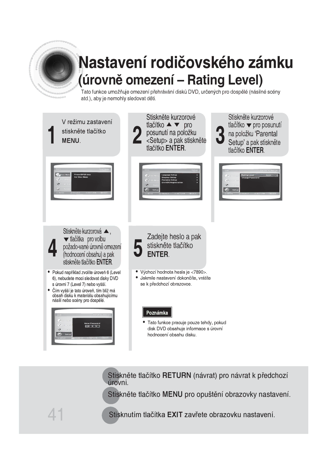 Samsung MM-DG35R/EDC manual Nastavení rodičovského zámku, Zadejte heslo a pak Stiskněte tlačítko 