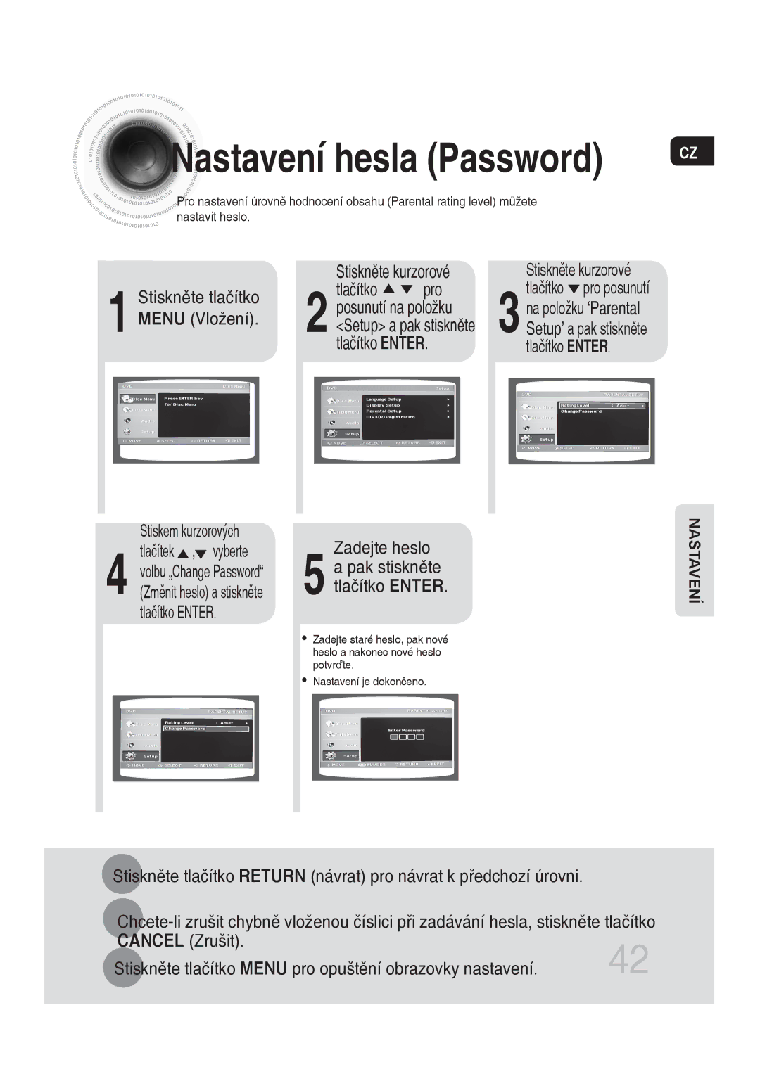 Samsung MM-DG35R/EDC manual Nastavení hesla Password, Zadejte heslo 