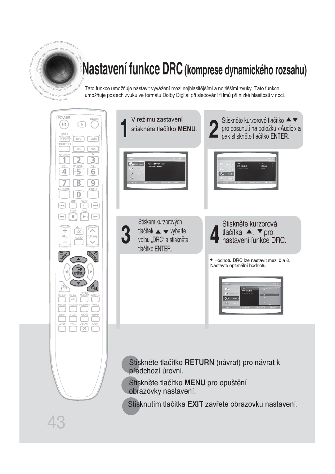 Samsung MM-DG35R/EDC manual Nastavení funkce DRCkomprese dynamického rozsahu 