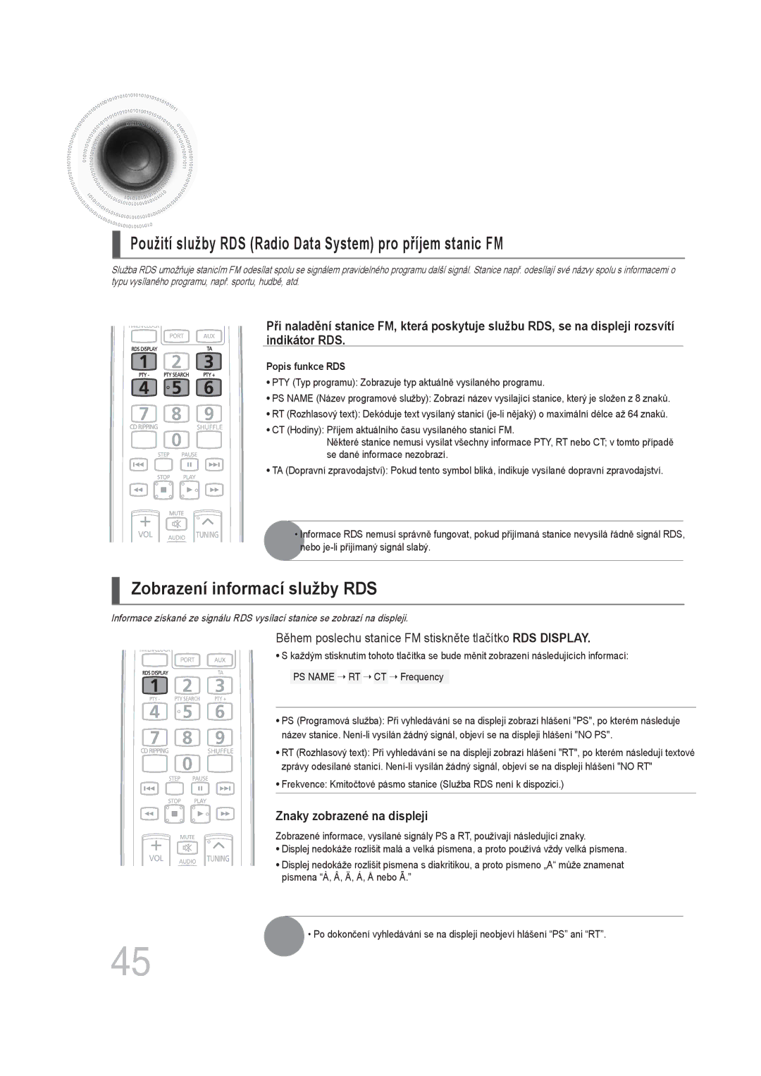 Samsung MM-DG35R/EDC manual Použití služby RDS Radio Data System pro příjem stanic FM 