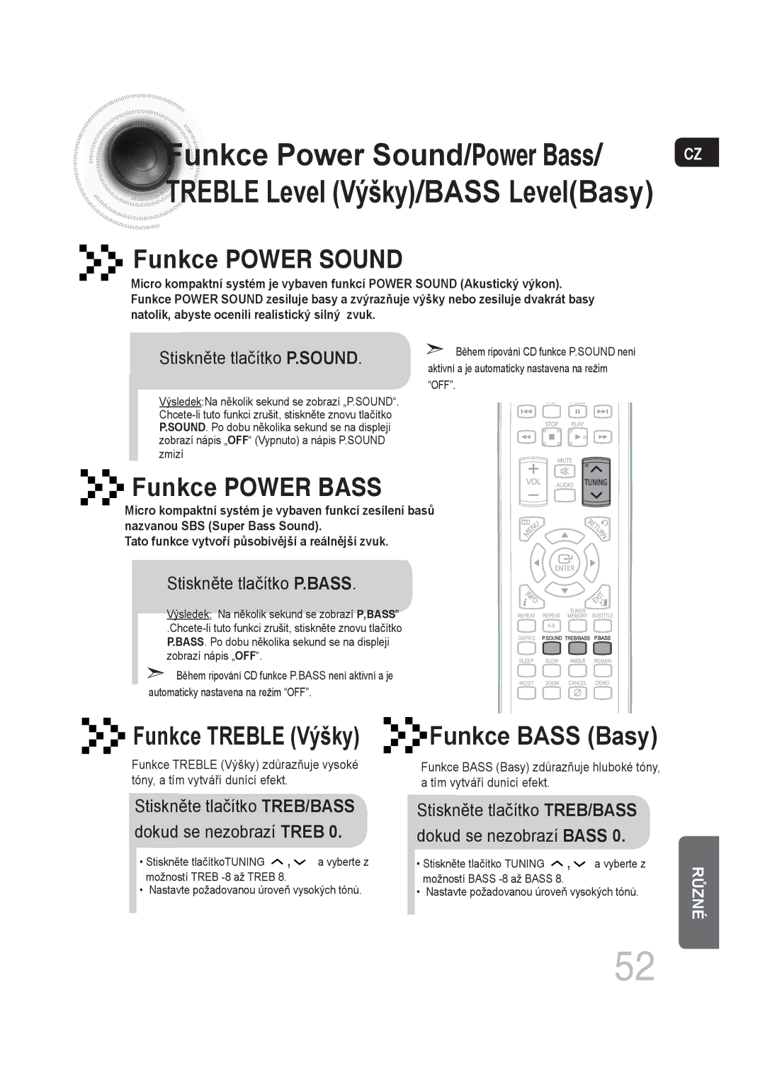 Samsung MM-DG35R/EDC manual Treble Level Výšky/BASS LevelBasy Funkce Power Sound, Funkce Power Bass, Funkce Bass Basy 