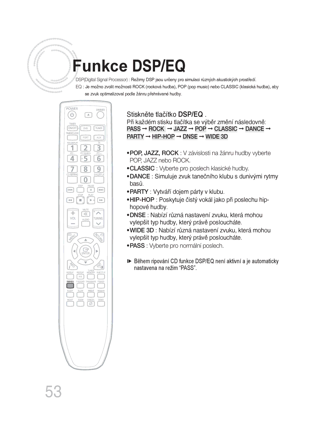 Samsung MM-DG35R/EDC manual Funkce DSP/EQ, Stiskněte tlačítko DSP/EQ 