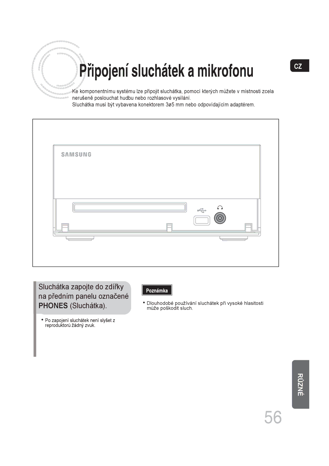 Samsung MM-DG35R/EDC manual Sluchátka zapojte do zdířky, Na předním panelu označené, Phones Sluchátka 