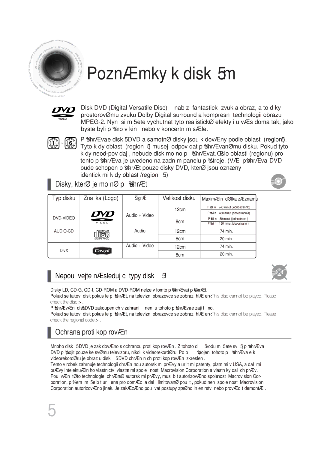 Samsung MM-DG35R/EDC manual Poznámky k diskům, Disky, které je možné přehrát, Ochrana proti kopírování 