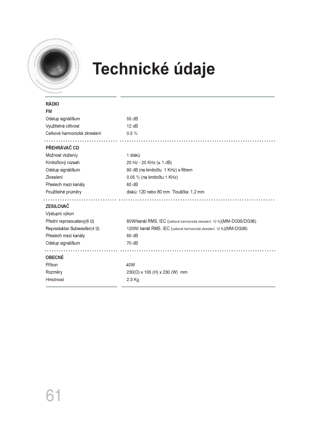 Samsung MM-DG35R/EDC manual Technické údaje 