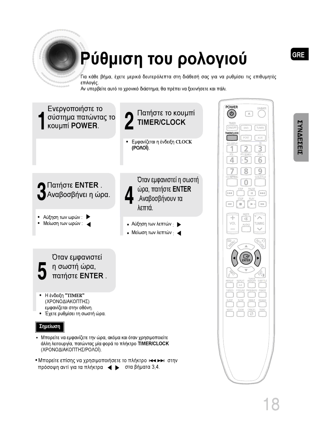 Samsung MM-DG35R/EDC manual Ρύθμιση του ρολογιού 