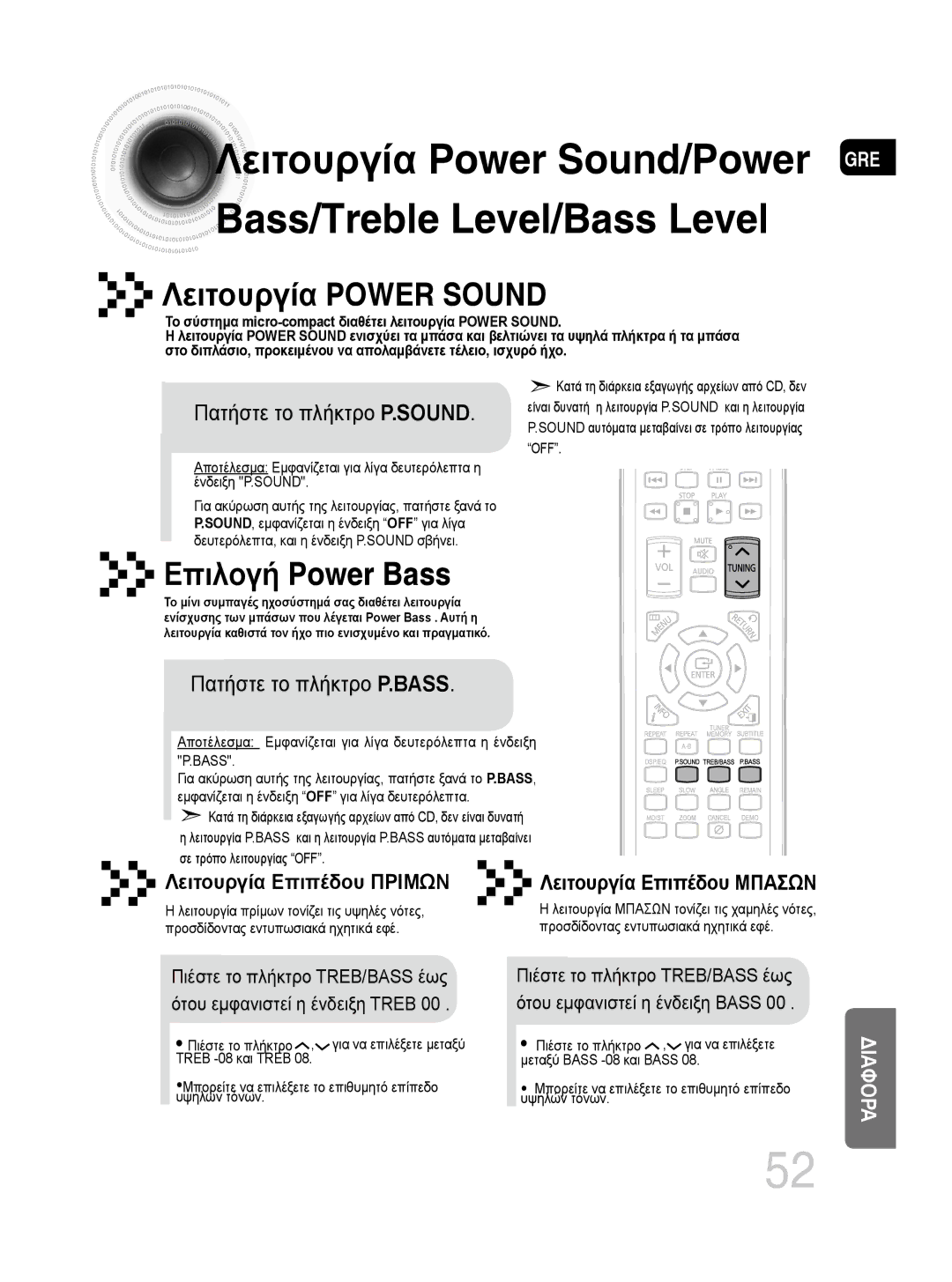 Samsung MM-DG35R/EDC manual Λειτουργία Power Sound, Πατήστε το πλήκτρο P.SOUND, Πατήστε το πλήκτρο P.BASS 