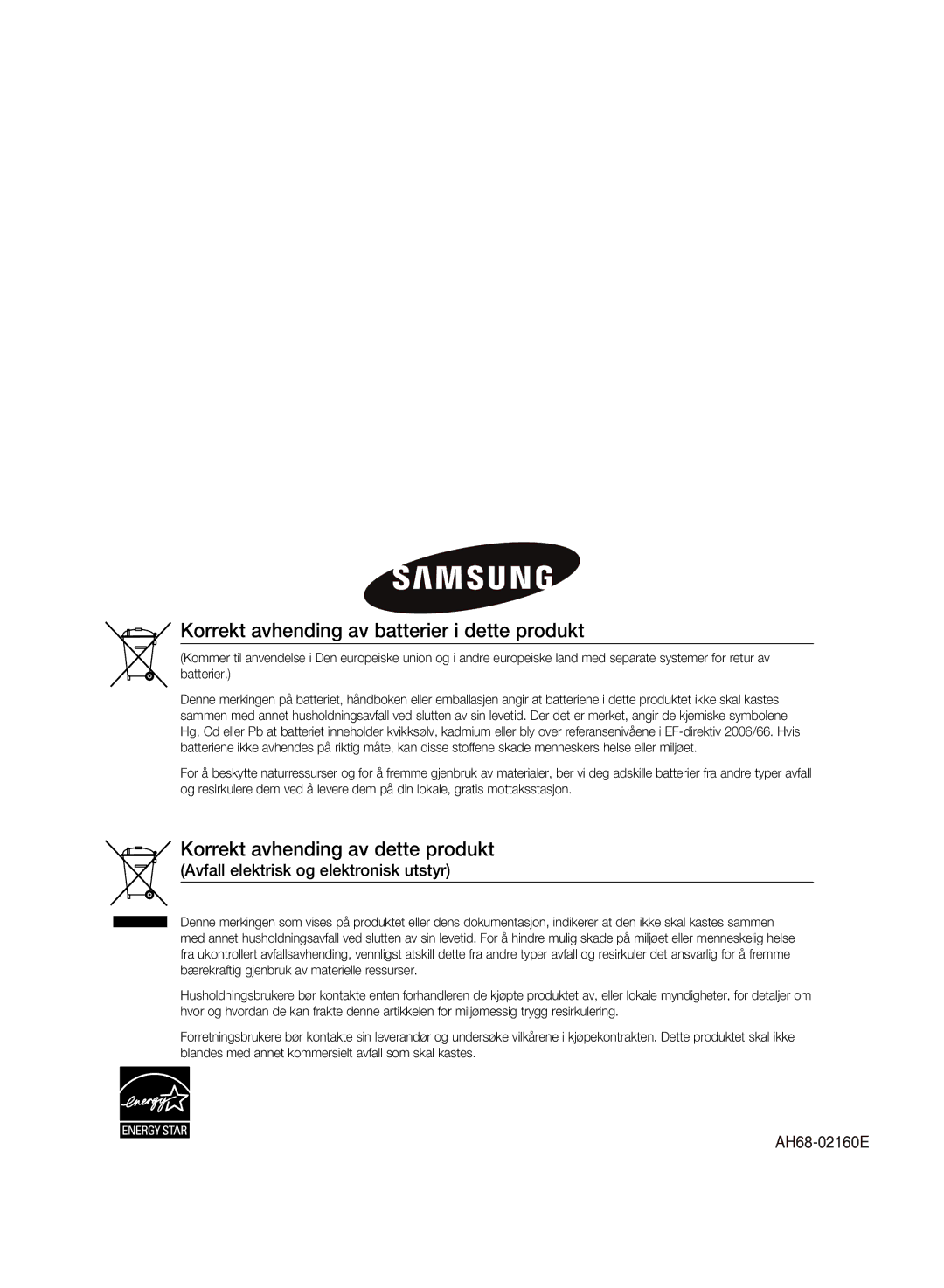 Samsung MM-DG35R/XEE manual Korrekt avhending av batterier i dette produkt 