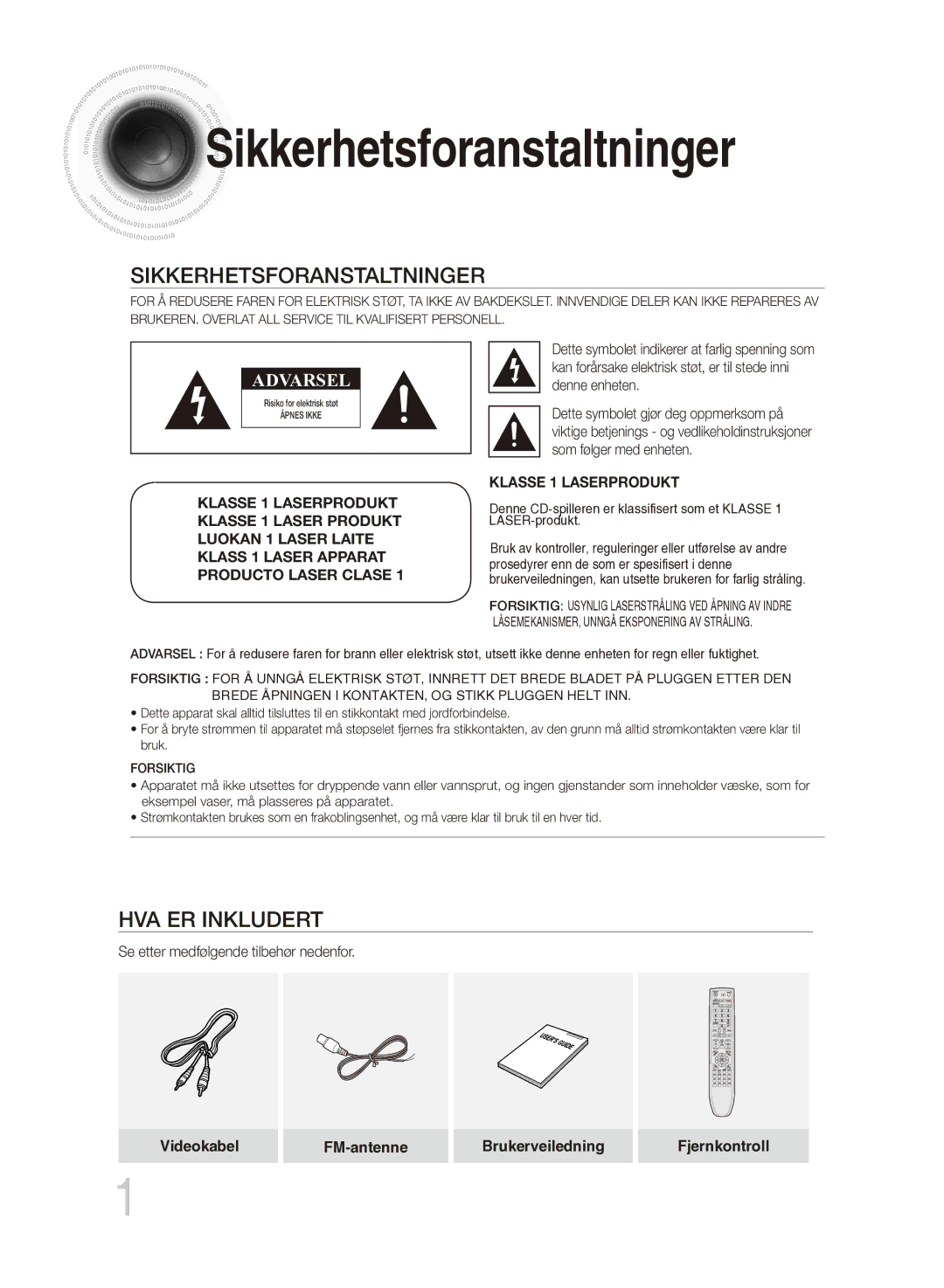 Samsung MM-DG35R/XEE manual Sikkerhetsforanstaltninger 