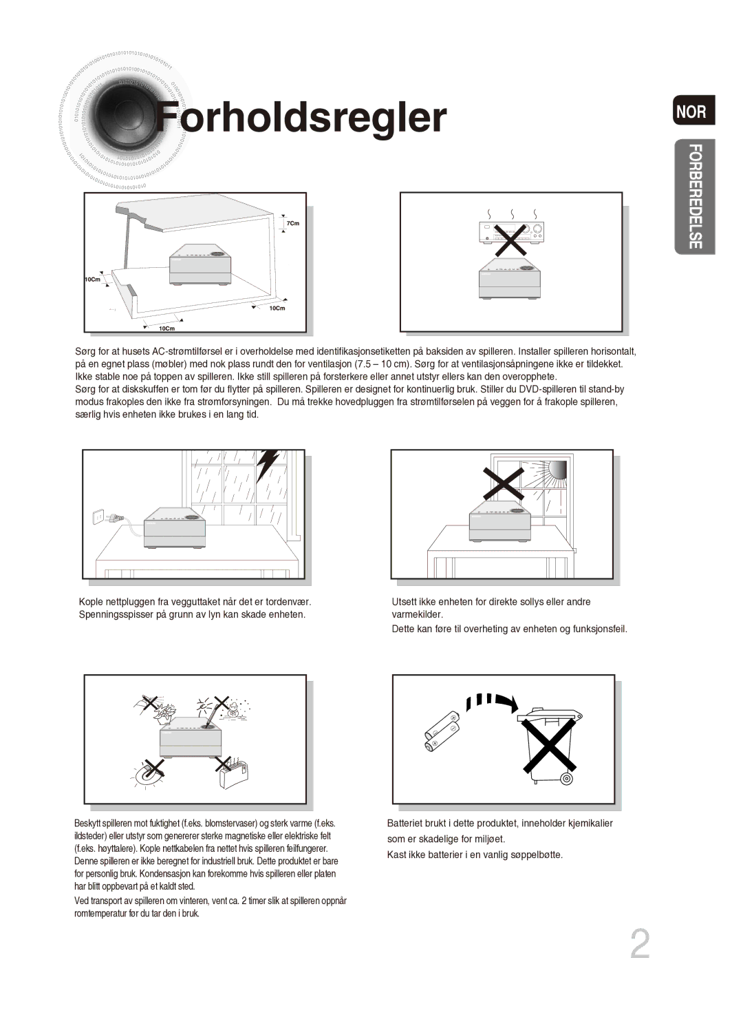 Samsung MM-DG35R/XEE manual Forholdsregler, Nor 