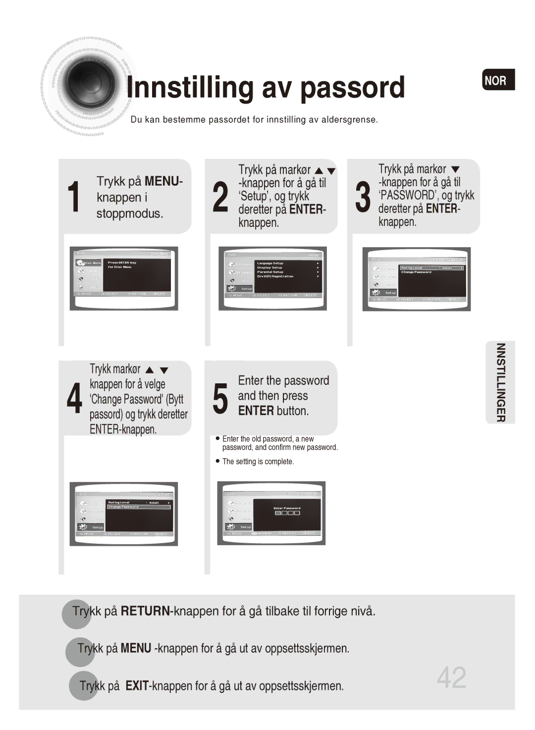 Samsung MM-DG35R/XEE manual Innstilling av passord 