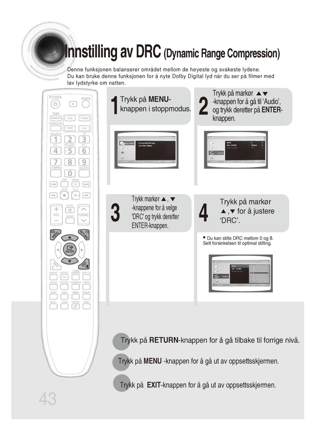 Samsung MM-DG35R/XEE manual Innstilling av DRC Dynamic Range Compression, ENTER-knappen 