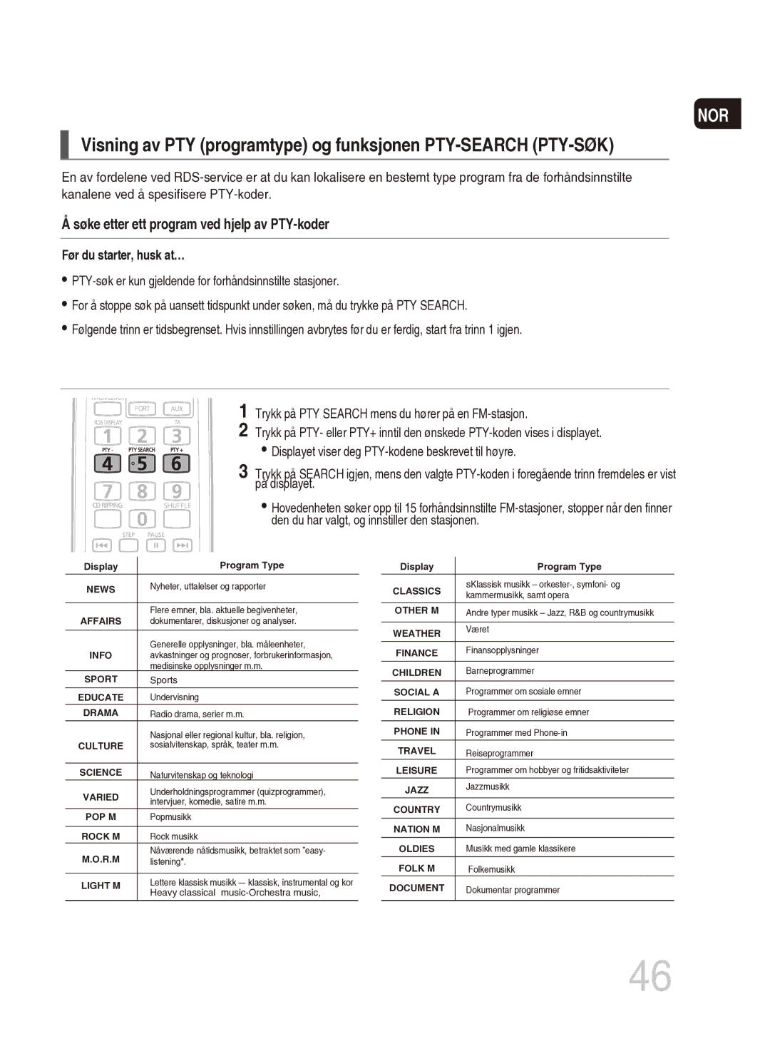 Samsung MM-DG35R/XEE manual Visning av PTY programtype og funksjonen PTY-SEARCH PTY-SØK 